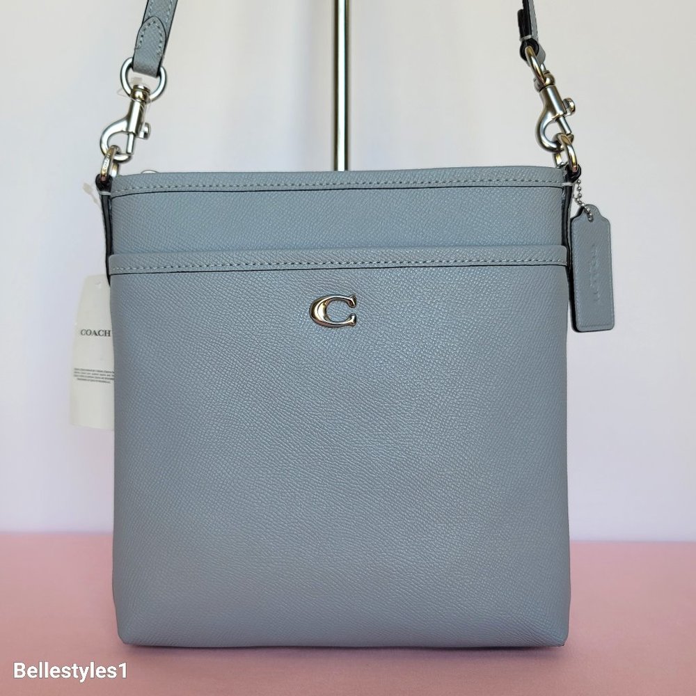 COACH Kitt Crossgrain Leather Messenger Crossbody- Grey Blue color ⭐
